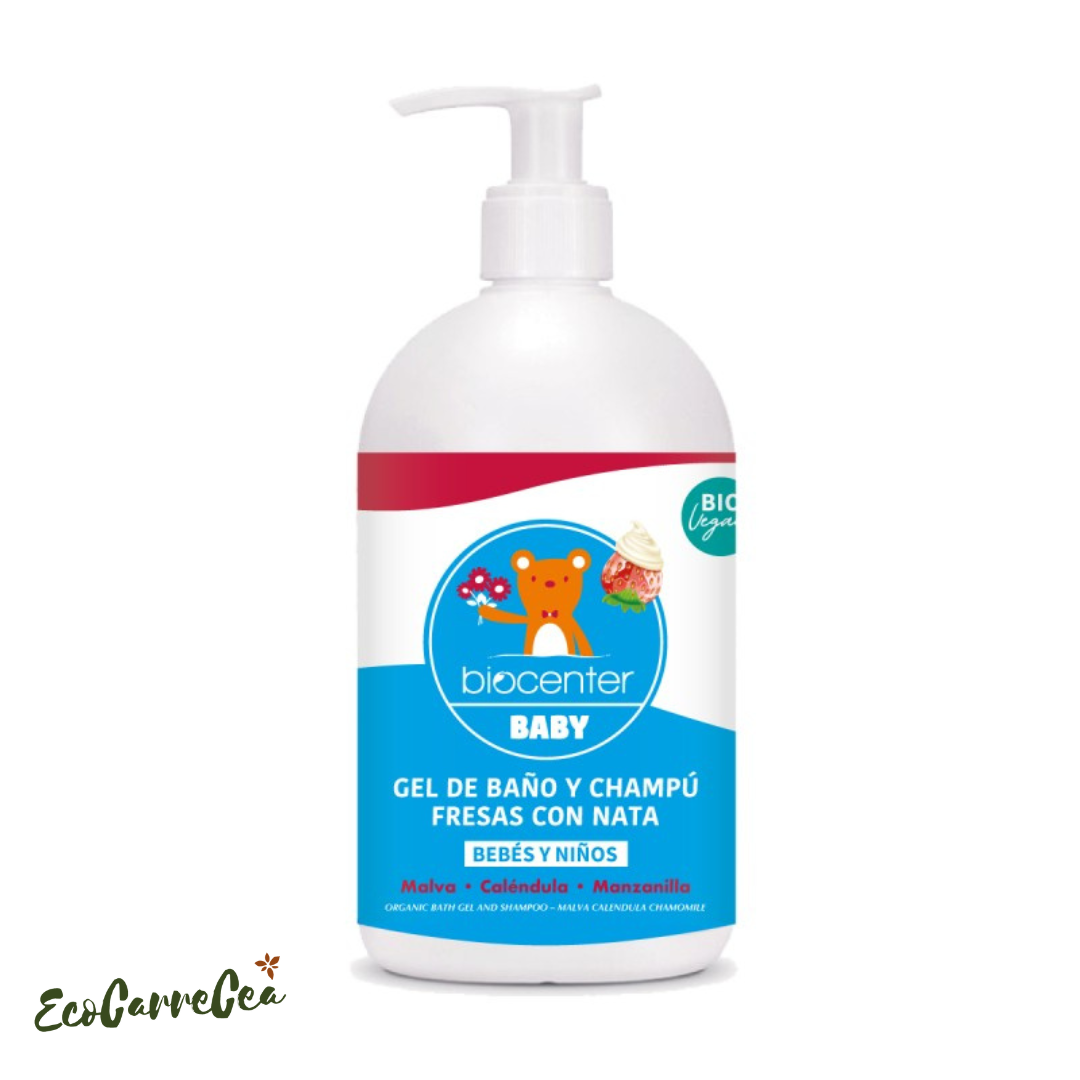 Gel de baño y Champú natural para NIÑOS - 500 ml Fresas con Nata - Ecológico y vegano