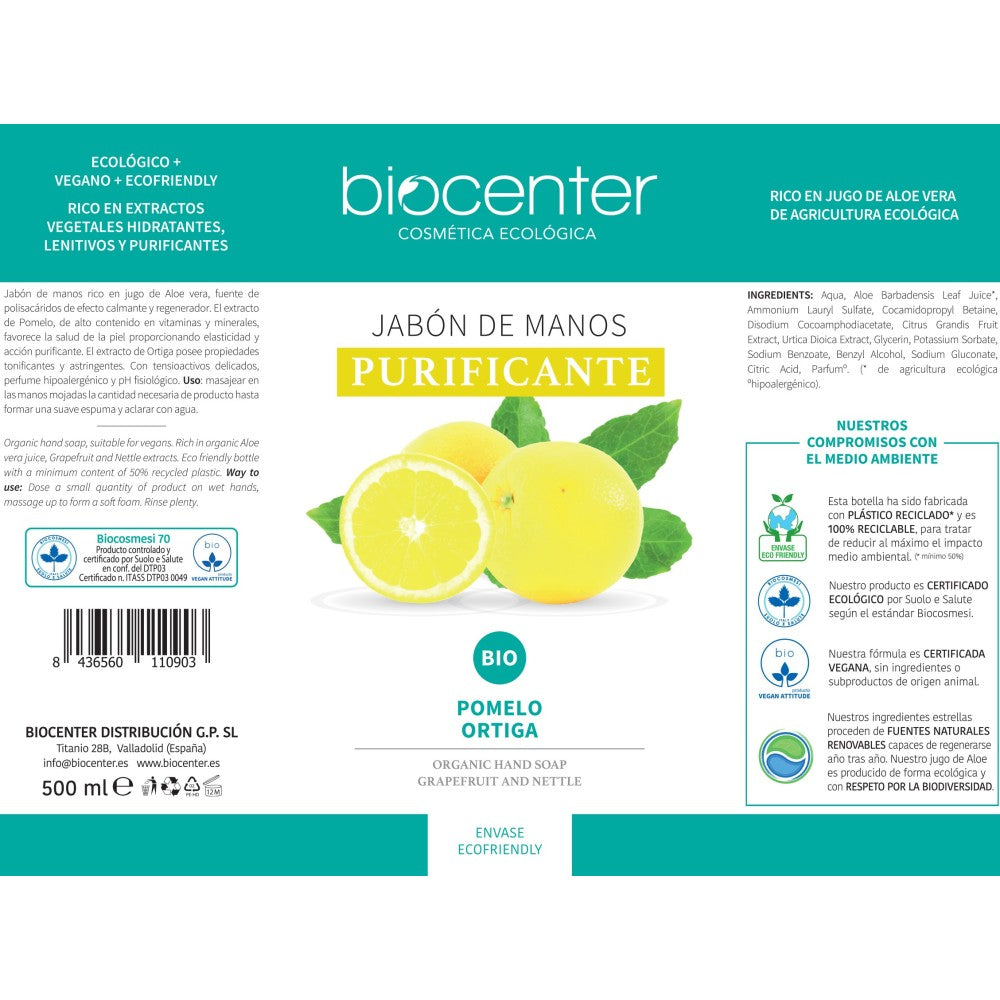 Jabón de Manos natural Purificante Ecológico y vegano 500 ml